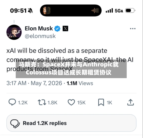 马斯克:SpaceX并未与Anthropic就Colossus项目达成长期租赁协议